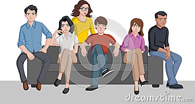 Group of cartoon people seated on a sofa Vector Illustration