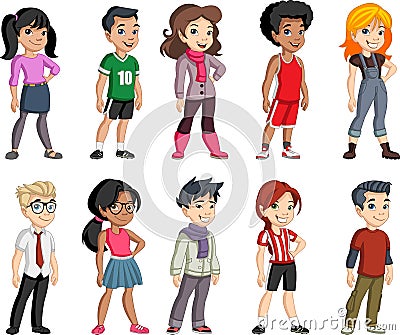 Group of cartoon young children. Vector Illustration