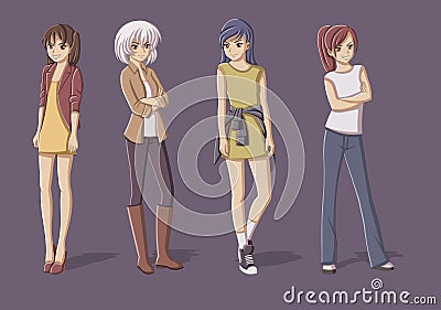 Group of cartoon young girls. Vector Illustration