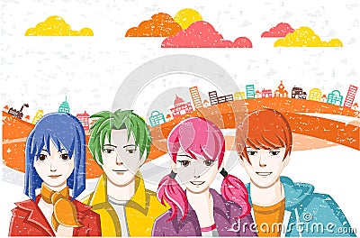 Group of cartoon young people. Vector Illustration