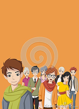 Group of cartoon young people. Vector Illustration