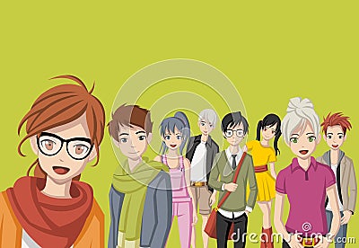 Group of cartoon young people. Vector Illustration