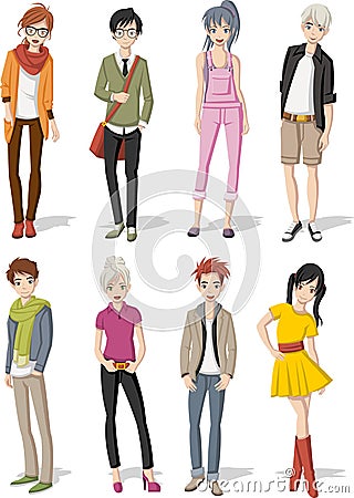 Group of cartoon young people. Vector Illustration