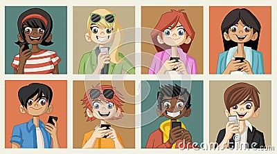 Group of cartoon young people with smart phones Vector Illustration