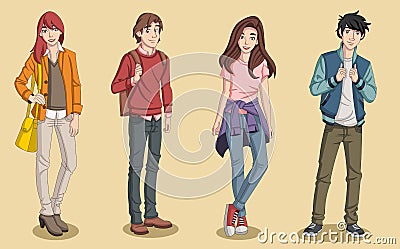 Group of cartoon young people. Vector Illustration