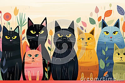 A group cats in a colorful, geometric pattern - Ristograph Art. AI Generated Stock Photo