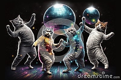 group of cats dressed up in disco clothes, dancing under a glittering disco ball illustration generative ai Cartoon Illustration