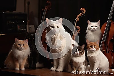 group of cats playing string instruments in a classical orchestra Stock Photo