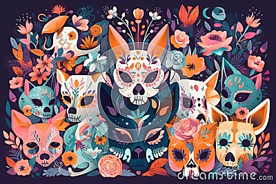 a group of cats and skulls surrounded by flowers and leaves Stock Photo