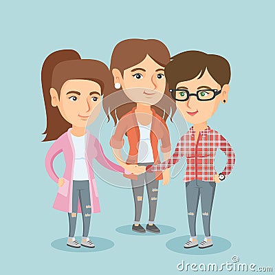 Group of caucasian business women joining hands. Vector Illustration