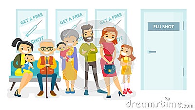 Caucasian white people waiting for a flu shot. Vector Illustration