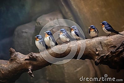 group of cave swallows resting on a branch near the cave Stock Photo