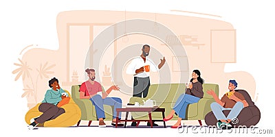 Group of Characters Celebrate Party at Home Sitting at Table in Living Room Eating Cookies, Drink Tea, Friends Leisure Vector Illustration