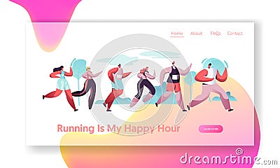 Group of Characters Running Marathon Distance in Raw. Sport Jogging Competition. Athlete Sprinters Sportsmen and Sportswomen Vector Illustration