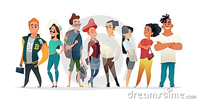 Group of charismatic smiling young people standing together. Students, schoolchildren, young professionals collection. Vector Illustration