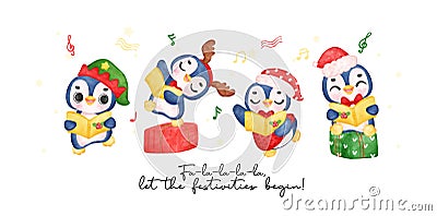 Group of Charming Christmas caroler Penguins Singing Festive Songs, Delightful Watercolor Cartoon for Kids. Perfect for Cards, Vector Illustration