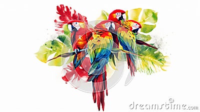 Group of charming colorful parrots perching playfully on a branch, creating a lively and colorful spectacle. A pure white Stock Photo