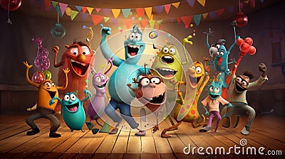 A group of cheerful and animated cartoon characters ment in every Stock Photo