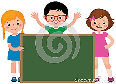 Group of cheerful school children holding an blank school board Cartoon Illustration