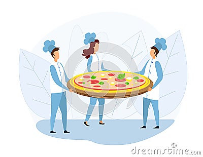 Group of Chef Holding Huge Pizza on Tray Metaphor Vector Illustration