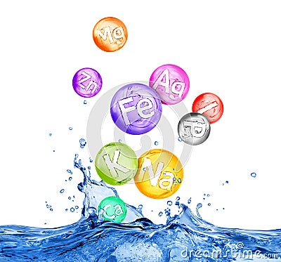 Group of chemical minerals and microelements in water splashes Stock Photo