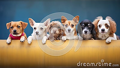 group of chihuahua dog sitting on a yellow fence Stock Photo