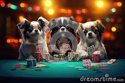 Group of chihuahua playing poker with chips on the table, Tibetan Spaniel puppies playing poker in vegas. All colorful glittering Stock Photo
