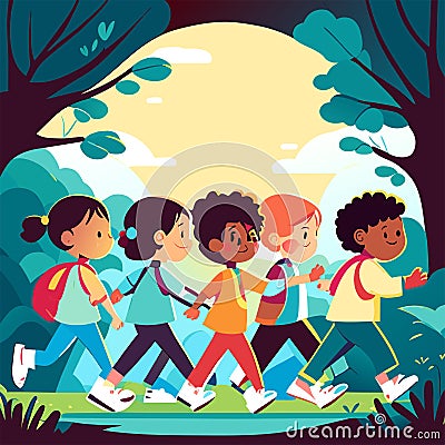 Group of children with backpacks walking in the park. generative AI Cartoon Illustration