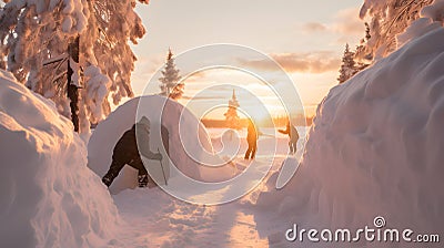 Group of children building igloo in winter countryside. Stock Photo
