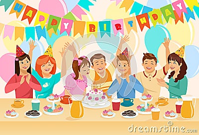 Group of Children Celebrating Happy Birthday. Vector Illustration