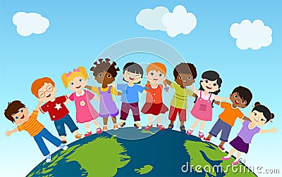 Earth globe with group of multiethnic and diverse children standing together and embracing each other. Community. Multicultural ki Stock Photo