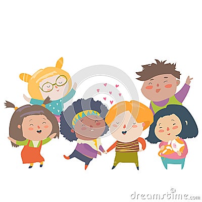 Group of children different nationalities and skin color. Race equality, tolerance, diversity Vector Illustration