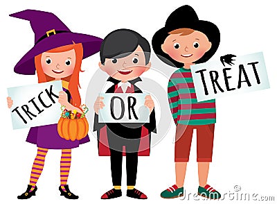 Group of children in Halloween party costumes hold a board Vector Illustration