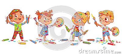 Group of children are holding artist`s palette, paint brushes and pencils Vector Illustration