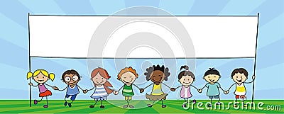 Group of children holding banner, kids holding hands illustration Vector Illustration