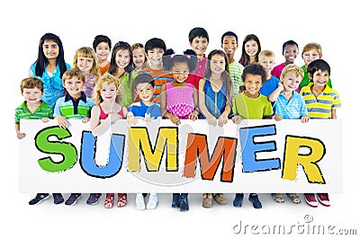 Group of Children Holding Board with Summer Concept Stock Photo