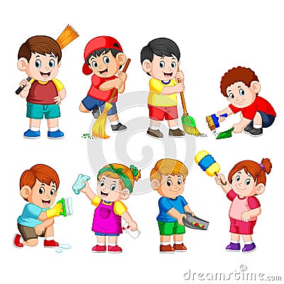 A group of children holding the cleaning tools to clean something Vector Illustration