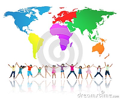 Group Children Jumping Enjoyment Team Concept Stock Photo