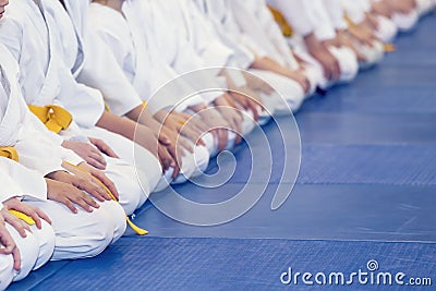 Group of children in kimono sitting on tatami Stock Photo