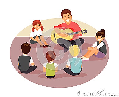 Music teacher with children Vector Illustration