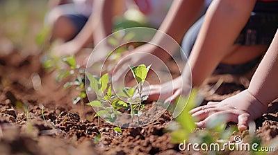 A group of children planting trees in a barren area symbolizing the positive impact of biofuels in helping restore the Stock Photo