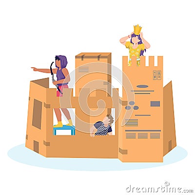 Group children play and build together cardboard castle, creative character female male plaything cartoon vector Cartoon Illustration