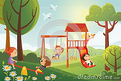 Group children playing on playground spending time in games, having fun Vector Illustration