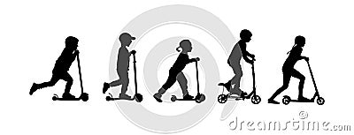Group of children riding scooter vector silhouette. Kids on kick board enjoying together. Active outdoor fun and entertainment. Vector Illustration