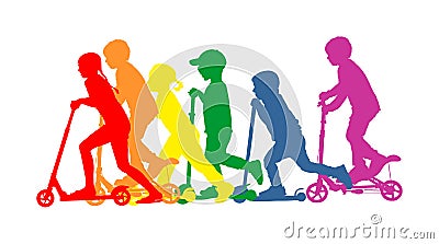 Group of children riding scooter vector silhouette. Kids on kick board enjoying together. Active outdoor fun and entertainment. Vector Illustration