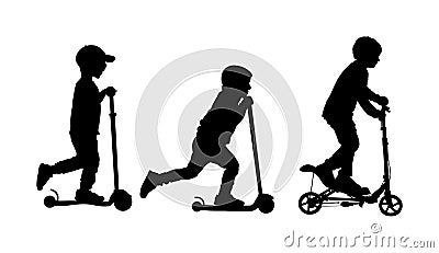 Group of children riding scooter vector silhouette. Kids on kick board enjoying together. Stock Photo