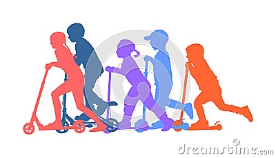 Group of children riding scooter vector silhouette. Kids on kick board enjoying together. Vector Illustration