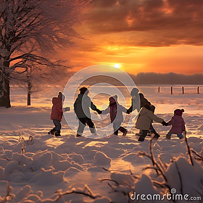 Group of children running away from camera, having fun outdoors in winter. Stock Photo