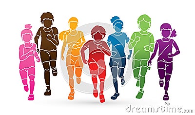 Group of Children running together cartoon graphic Vector Illustration