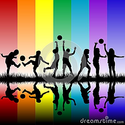Group of children silhouettes playing Stock Photo